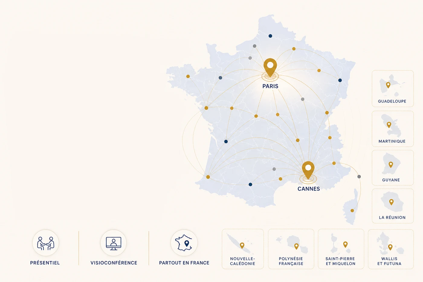 Carte de France avec épingles sur Cannes et Paris — SUN MEDIATION intervient en présentiel à Cannes et Paris, et en visioconférence partout en France et dans les DOM-TOM